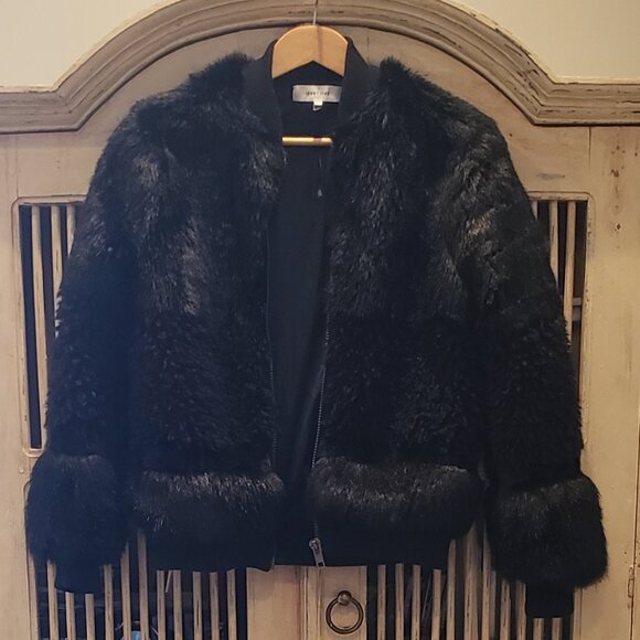 John + Jenn Black Faux Fur Bomber Jacket Mixed Texture Small - Picture 3 of 11